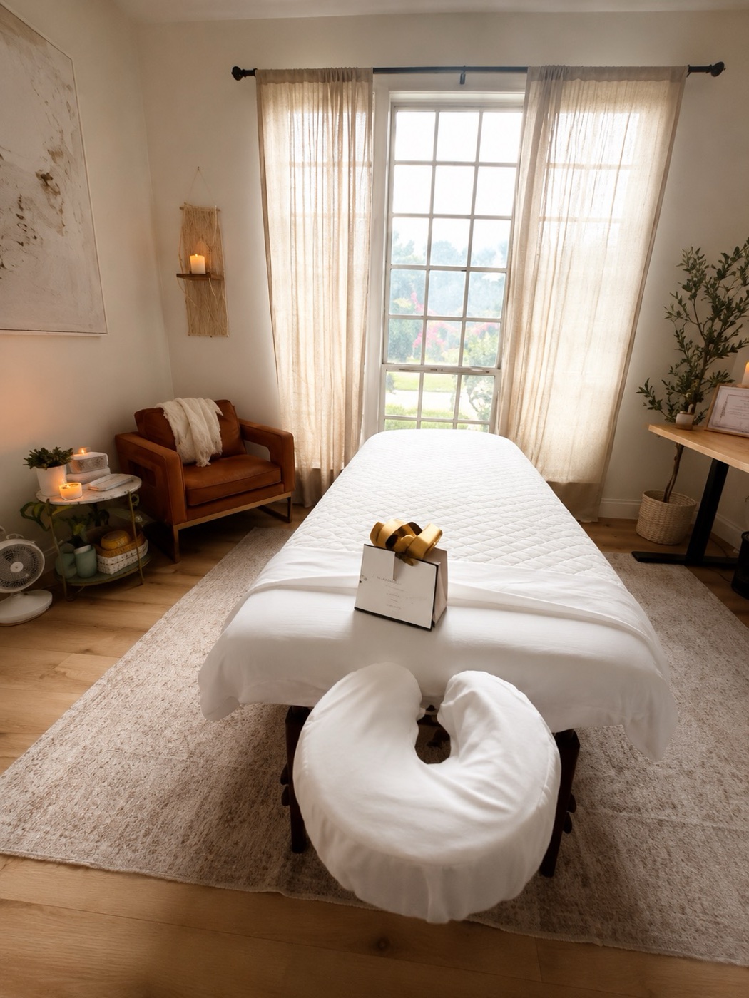 Emily’s private massage studio in North Fort Worth — a draped table in warm natural light, with linen curtains and a calm corner to settle in